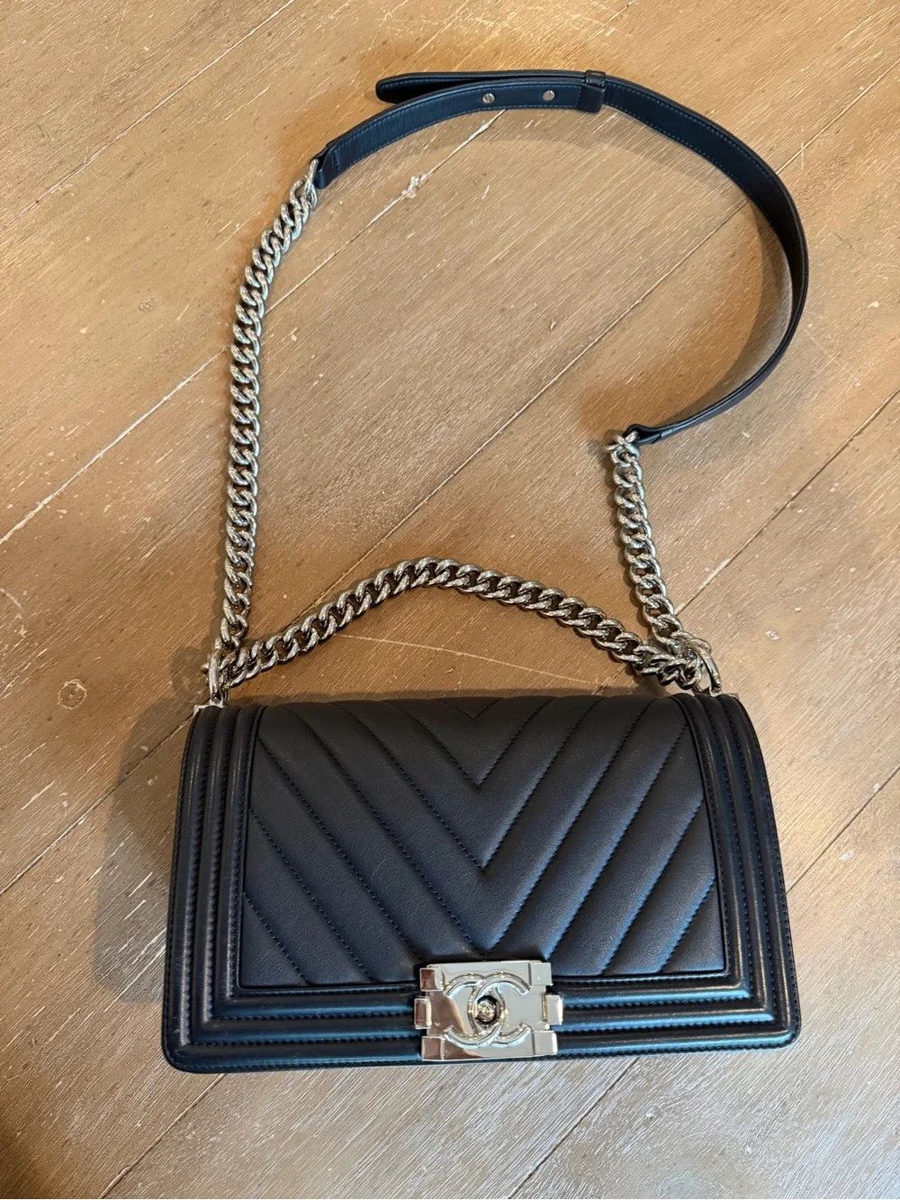 CHANEL Black Chevron Quilted Le Boy Bag with rare Silver-Tone Hardware